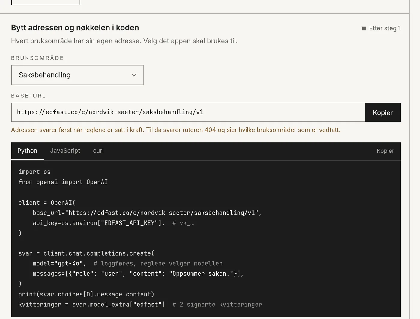 Koble til-siden: base-URL for et bruksområde og kodeeksempel i Python.